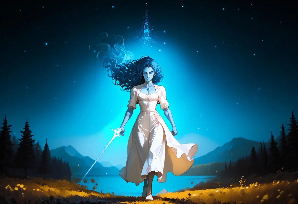 1girl,
zPDXL3, toned, muscular female, narrow waist, skinny, Expressiveh, ch0ng d3t41l3d g4n1m3, goth, IncrsXLRanni, wavy hair, blue skin, colored skin, blue hair, blue eyes, ranni, white dress, cleavage, glowing eyes, stars, trees, fighting stance, legs apart, dutch angle, wind, thon, thick thighs, veins, muscular, breasts, chest jewel, dress, biceps, long hair, glowing, one eye closed, thighs, very long hair,
score_9, score_8_up, score_7_up, score_6_up
<lora:muscular:1.2> <lora:add-detail-xl:1.5> <lora:Expressive_H:0.8> <lora:sinfully_stylish_SDKL:0.7> <lora:ch0ngXLP:0.8> <lora:d3t41l3dXLP:0.5> <lora:g4n1m3XLP:0.4> <lora:Ranni_XLPD_CAME:1>, Far Away