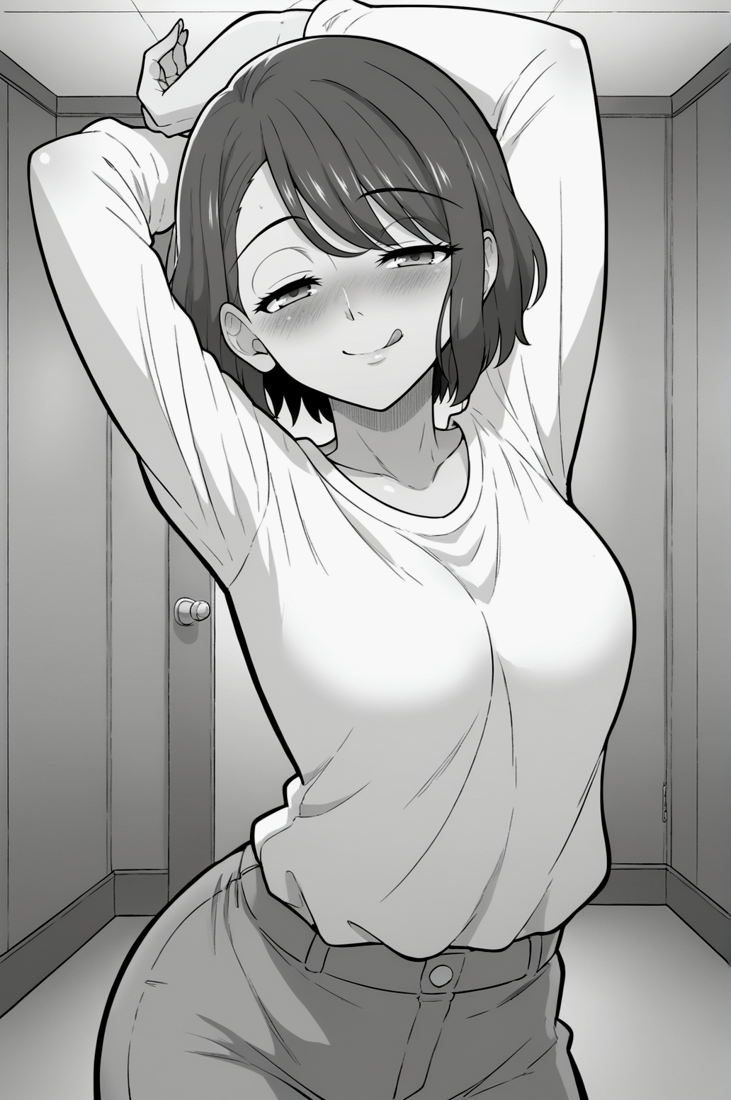 score_9, score_8_up, score_7_up, monochrome, manga_source, best background, detailed background, manga, grayscale  Mao, naughty face, horny, blush, indoors, naughty face, indoors, dancing, arms up, <lora:JN_Mao:0.8>