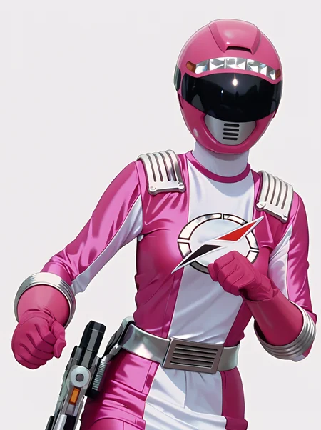 masterpiece, best quality, amazing quality, very aesthetic, absurdres, newest, anime screenshot, anime coloring, uncensored <lora:GoGo_Sentai_Boukenger_CharacterPack:1>bokenpink, robot, solo, bokpnk helmet, bokpnk bodysuit, breasts, pink skirt, bokpnk belt, bokpnk gloves,s,, solo, tokusatsu, simple background,, simple background, white background, fighting stance, 1girl
