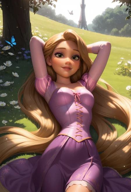 Smooth Quality, HDR, beautiful and intricate hair, protruding lips, lipstick, eyeliner, 1girl, rapunzel \(disney\), very long hair, light smile, dress, on back, arms behind head, on grass, flowers, butterfly, cowboy shot, outdoors, tall tower on background