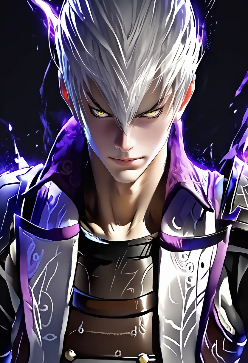 source_anime, (masterpiece), (best quality), score_9, score_8_up, score_7_up, (masterpiece:1.2), (best quality:1.3), 1boy, <lora:Mitsunari_Ishida_Sengoku_Basara:0.8> misshi_sgbs, popped collar, armor, hair between eyes, white hair, looking at viewer, angry expression, portrait, purple aura, black background, masterful composition, dynamic movement <lora:Anime Style (Vauxz) PONY:0.8>, low-key lighting, lo-fi, glow, dynamic cinematic lighting, ray_tracing, global illumination, <lora:Ayuli2424PDXL32v0.901tx1:0.55> a0b, in The Crystal Labyrinth background