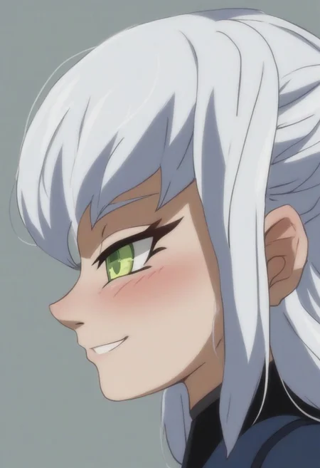 OverallDetail, masterpiece, best quality, score_9, score_8_up,   looking at partner, lidded eyes, solo, 1girl,  adult woman, 30 years old. five fingers, close-up,  female, show accurate, breasts, cute,   blush, masterpiece, best quality, 1girl, source_cartoon, 
gracetyler, lime eyes, silver hair, long hair, realistic hair, messy hair, 
smiling, medium breasts,  high res image, masterpiece, best quality, cute face, clear skin, shiny hair, ultra detailed eyes, 1girl, side view, full body view,