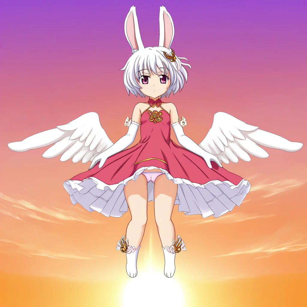 short hair, wings, dress, animal ears, rabbit girl, full body, hair ornament, elbow gloves, panties, sunset