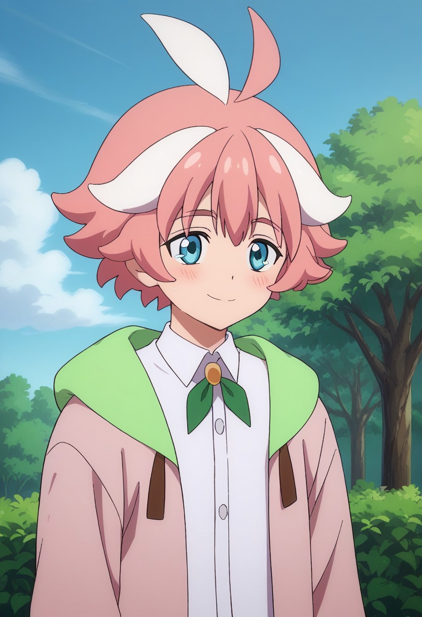 score_9, score_8_up, score_7_up, source_anime, highly detailed, 
itsuki, 1boy, male focus, solo, blue eyes, pink hair, multicolored hair, shirt, hood, white hair, jacket, white shirt, ahoge, streaked hair, collared shirt, two-tone hair, long sleeves, pink jacket, ribbon, neck ribbon, green ribbon, smile, blush, shy,
outdoor, sky, sit, trees, upper body,