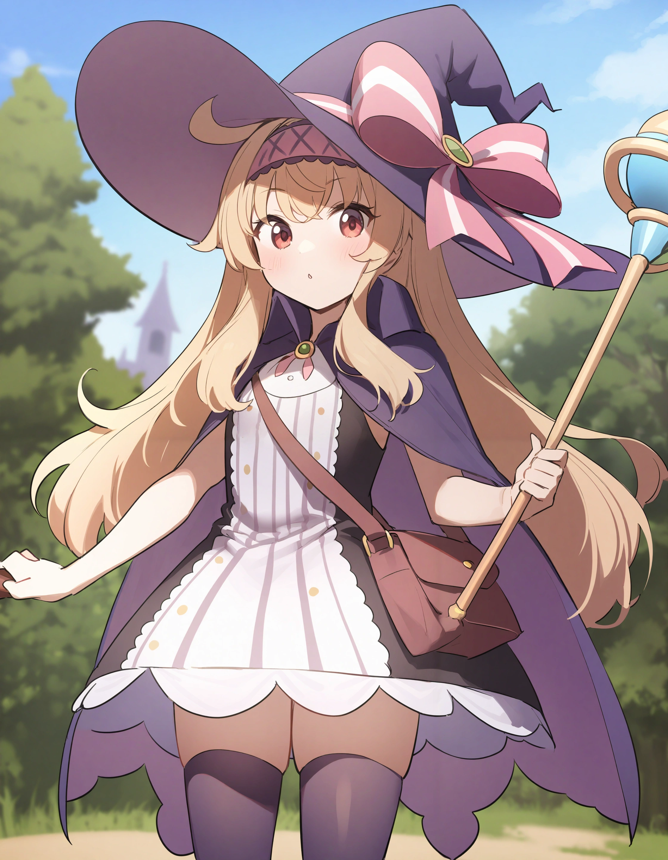 1girl, nobeta \(main\), witch, black thighhighs, hat bow,
holding staff,
outdoors
<lora:char_nobeta-rls:1>
