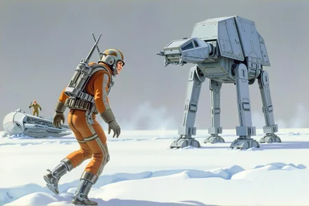ralphmcq1 painting.
A icy landscape scene from the Star Wars universe. In the center is a Rebel X-Wing fighter pilot, turning his head backward to look at an approaching Imperial AT-AT Snow Walker. Behind the pilot is his crashed snow speeder hovercraft. <lora:ralphmcq_cap_d6a3:1.0><lora:830315962847892616:0>