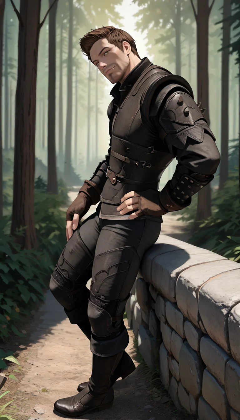 masterpiece, best quality, newest, perfect quality, best quality, detailed background, intricate details, male focus, solo, <lora:Skyrim Romance Mod - Bishop - Illustrious 2-000007:0.7>, srm_bishop, 1boy, mature male, brown hair, very short hair, yellow eyes, stubble, leather armor, fingerless gloves, pants, boots, sitting, on ground, forest, looking at viewer, head tilt, muscular, standing, from side, hand on own hip