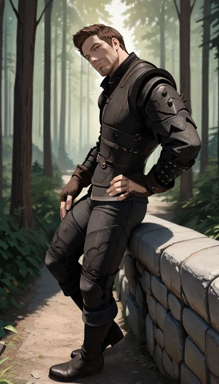 masterpiece, best quality, newest, perfect quality, best quality, detailed background, intricate details, male focus, solo, <lora:Skyrim Romance Mod - Bishop - Illustrious 2-000007:0.7>, srm_bishop, 1boy, mature male, brown hair, very short hair, yellow eyes, stubble, leather armor, fingerless gloves, pants, boots, sitting, on ground, forest, looking at viewer, head tilt, muscular, standing, from side, hand on own hip