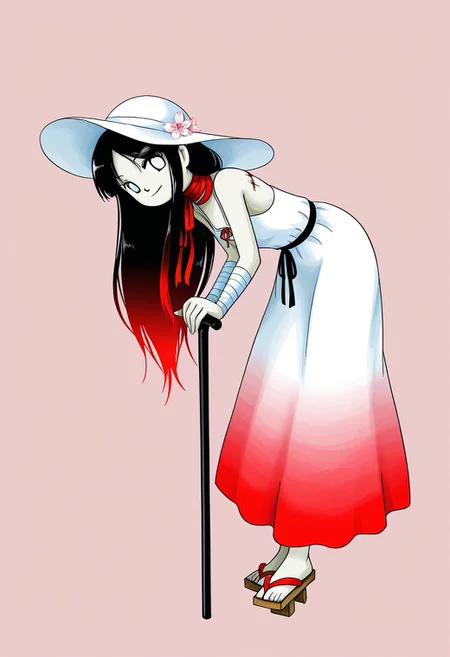 watercolor, aesthetic, colorful, jaggy lines, zun \(style\), BREAK, 1girl, solo, (animated corpse, white eyes, blank eyes, no iris, tall, skinny, (very long hair, very long bangs, straight hair, parted bangs, black hair, red gradient hair), ((cherry blossom, flower in hair)), (long skirt, sun dress, white dress, gradient dress, red gradient dress), (white_summer_hat with red ribbon, red_ribbon), belt, black belt, (stitches on body, white wraps, white bandages, arm wraps, neck wrap), geta, cane, leaning forward, hunched over), smile, full body, simple background,