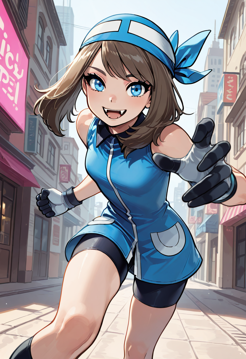masterpiece, best quality, 1girl, eyelashes, (beautiful eyes), looking at viewer, smile,   zzSapphire, blue eyes, brown hair, medium hair, gloves, fangs, bike shorts, black socks, blue bandana, solo, running pose, busy city street, blurred background   (dynamic pose, foreshortening),  ,<lora:SapphireBirchPokemon_IXL:1.0>,