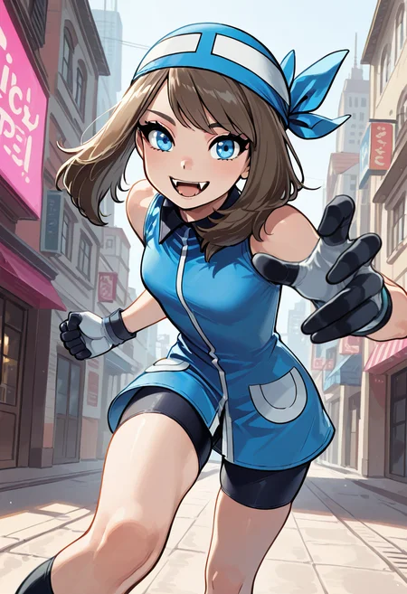 masterpiece, best quality, 1girl, eyelashes, (beautiful eyes), looking at viewer, smile, zzSapphire, blue eyes, brown hair, medium hair, gloves, fangs, bike shorts, black socks, blue bandana, solo, running pose, busy city street, blurred background (dynamic pose, foreshortening), ,<lora:SapphireBirchPokemon_IXL:1.0>,