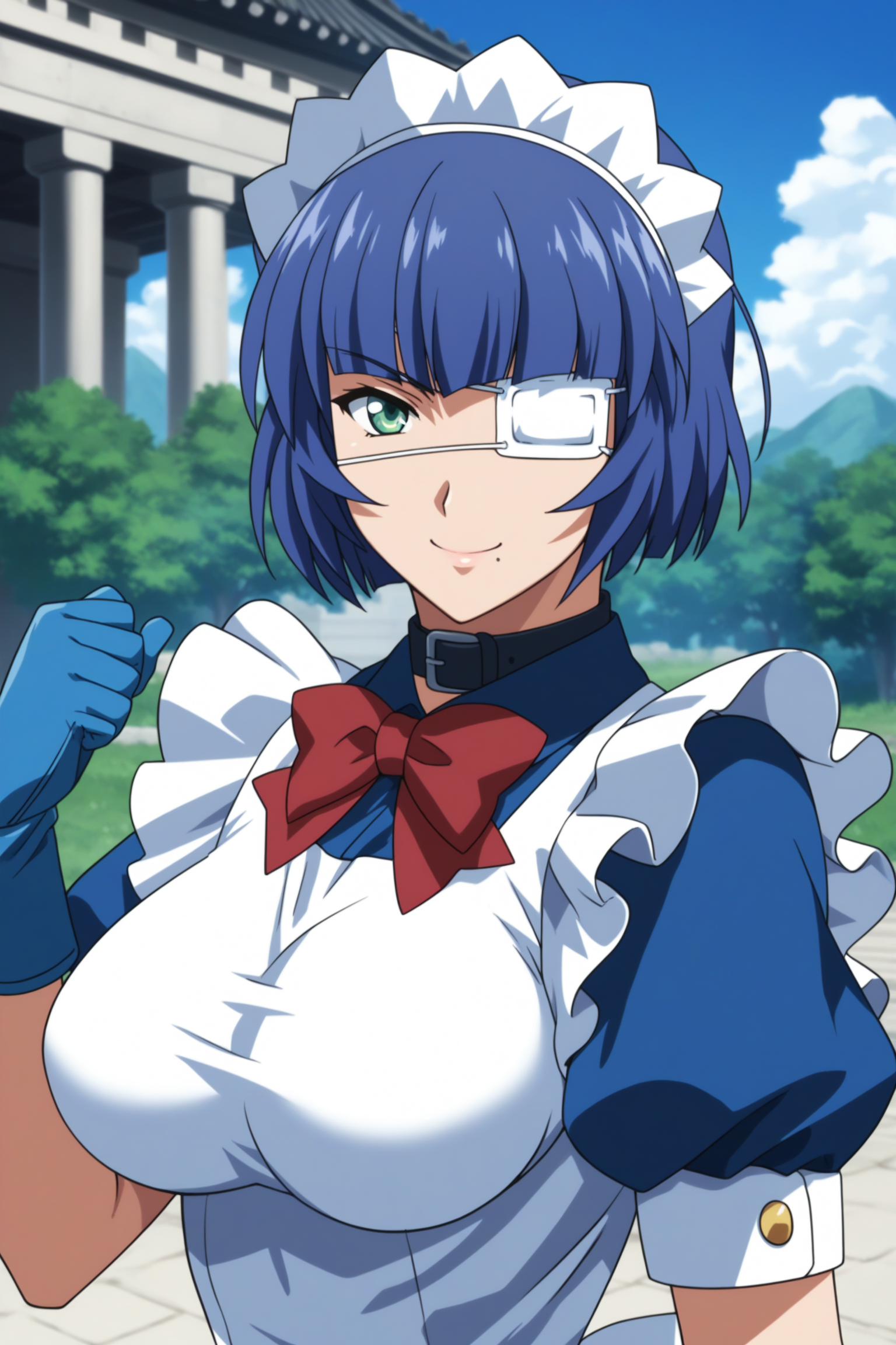 score_9, score_8_up, score_7_up, score_6_up, score_5_up, source_anime, rating_safe, medium breasts, outdoors, temple, 1girl, solo, looking at viewer, <lora:age_slider_v4:3>, (upper body:1.2), (dynamic pose:1.2), ryomou shimei, blue hair, short hair, green eyes, eyepatch, ryomoumaid, maid headdress, belt collar, red bowtie, maid apron, blue dress, blue gloves, white thighhighs, blue boots, <lora:Shimei_Ryomou:0.8>, smile, fist