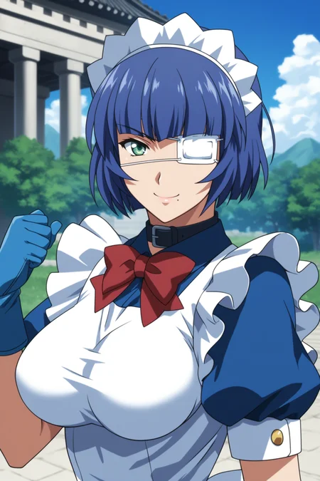 score_9, score_8_up, score_7_up, score_6_up, score_5_up, source_anime, rating_safe, medium breasts, outdoors, temple, 1girl, solo, looking at viewer, <lora:age_slider_v4:3>, (upper body:1.2), (dynamic pose:1.2), ryomou shimei, blue hair, short hair, green eyes, eyepatch, ryomoumaid, maid headdress, belt collar, red bowtie, maid apron, blue dress, blue gloves, white thighhighs, blue boots, <lora:Shimei_Ryomou:0.8>, smile, fist