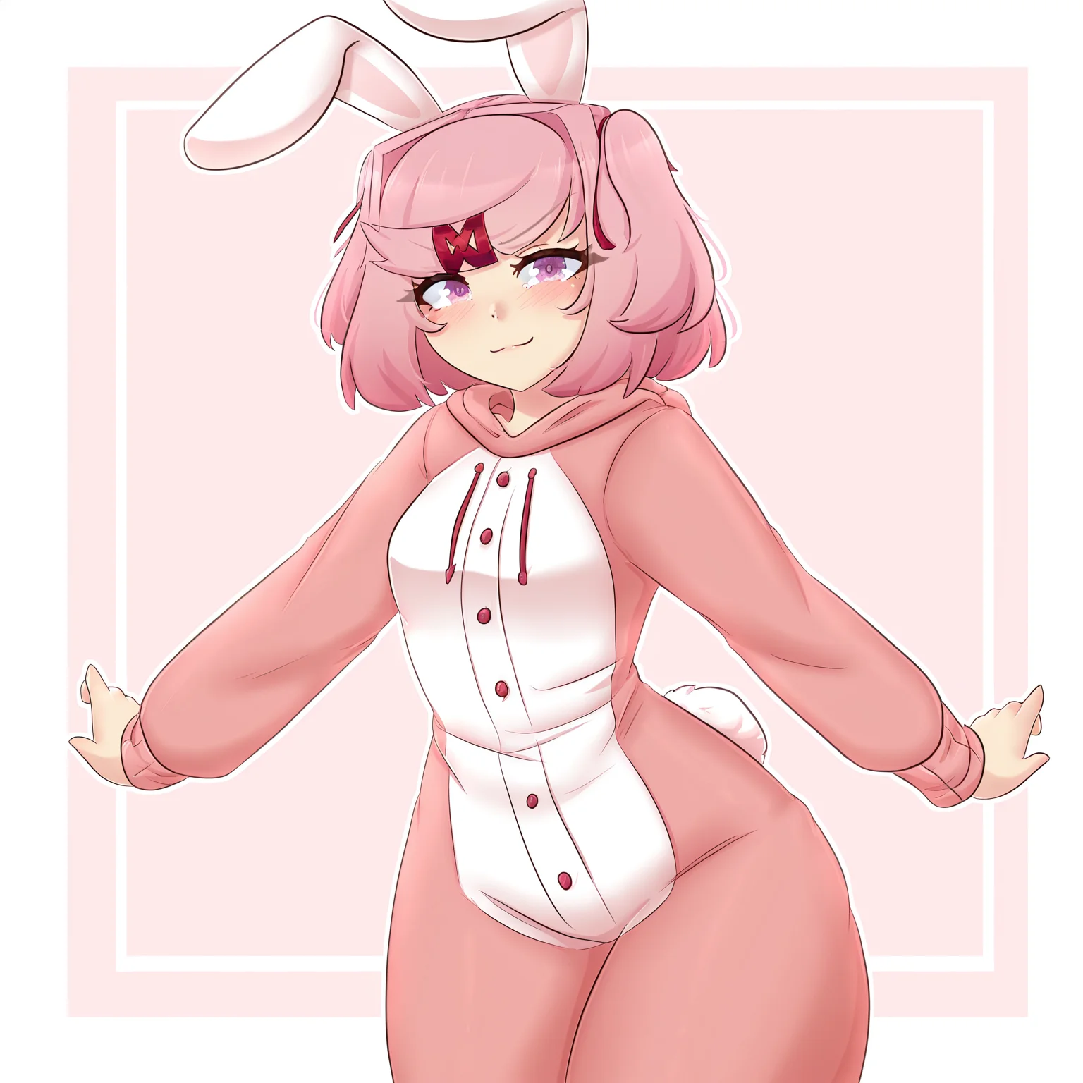 masterpiece, best quality, amazing quality, very aesthetic, absurdres, newest,
<lora:RaionArt_style_ILLUST-000012:1> raionart,
1girl, solo, natsuki \(doki doki literature club\), pink eyes, pink hair, short hair, twintails, red hairclip,
onesie, bunny onesey, rabbit ears, fake animal ears, small breasts,
blush, tsundere, shy, light smile, happy, looking at viewer,
outstretched arms,