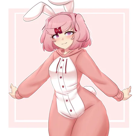 masterpiece, best quality, amazing quality, very aesthetic, absurdres, newest,
<lora:RaionArt_style_ILLUST-000012:1> raionart,
1girl, solo, natsuki \(doki doki literature club\), pink eyes, pink hair, short hair, twintails, red hairclip,
onesie, bunny onesey, rabbit ears, fake animal ears, small breasts,
blush, tsundere, shy, light smile, happy, looking at viewer,
outstretched arms,
