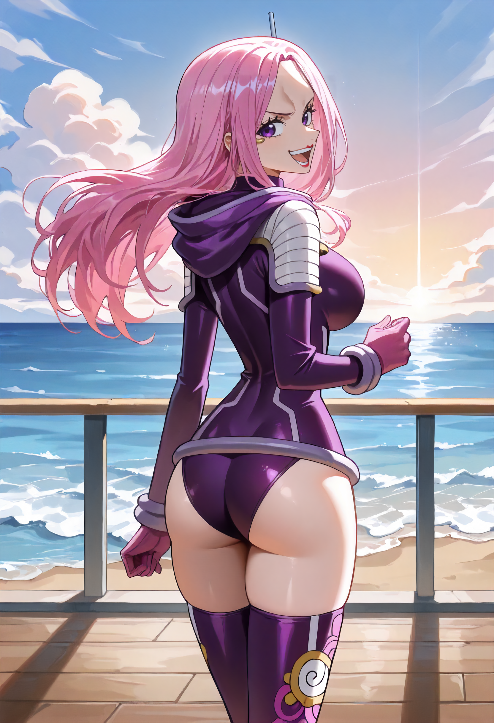 masterpiece, best quality, amazing quality, very aesthetic, absurdres, newest, scenery, volumetric lighting, ultra detailed, anime
1girl, Bonney_EH, solo, pink hair, long hair, cheekbone piercing, middle lipstick, purple eyes, 
purple bodysuit, single headphone, pink gloves, hood, belt, thigh cut, purple thigh highs, egghead boots,
side view, from behind, looking back, happy, laughing,
outdoors, wooden floor, clouds, sky, ocean, detailed background, beautiful frame,
<lora:Bonnie_-_One_Piece_-_Illustrious:1>
masterpiece, best quality, amazing quality, very aesthetic, absurdres, newest, scenery, volumetric lighting, ultra detailed,
