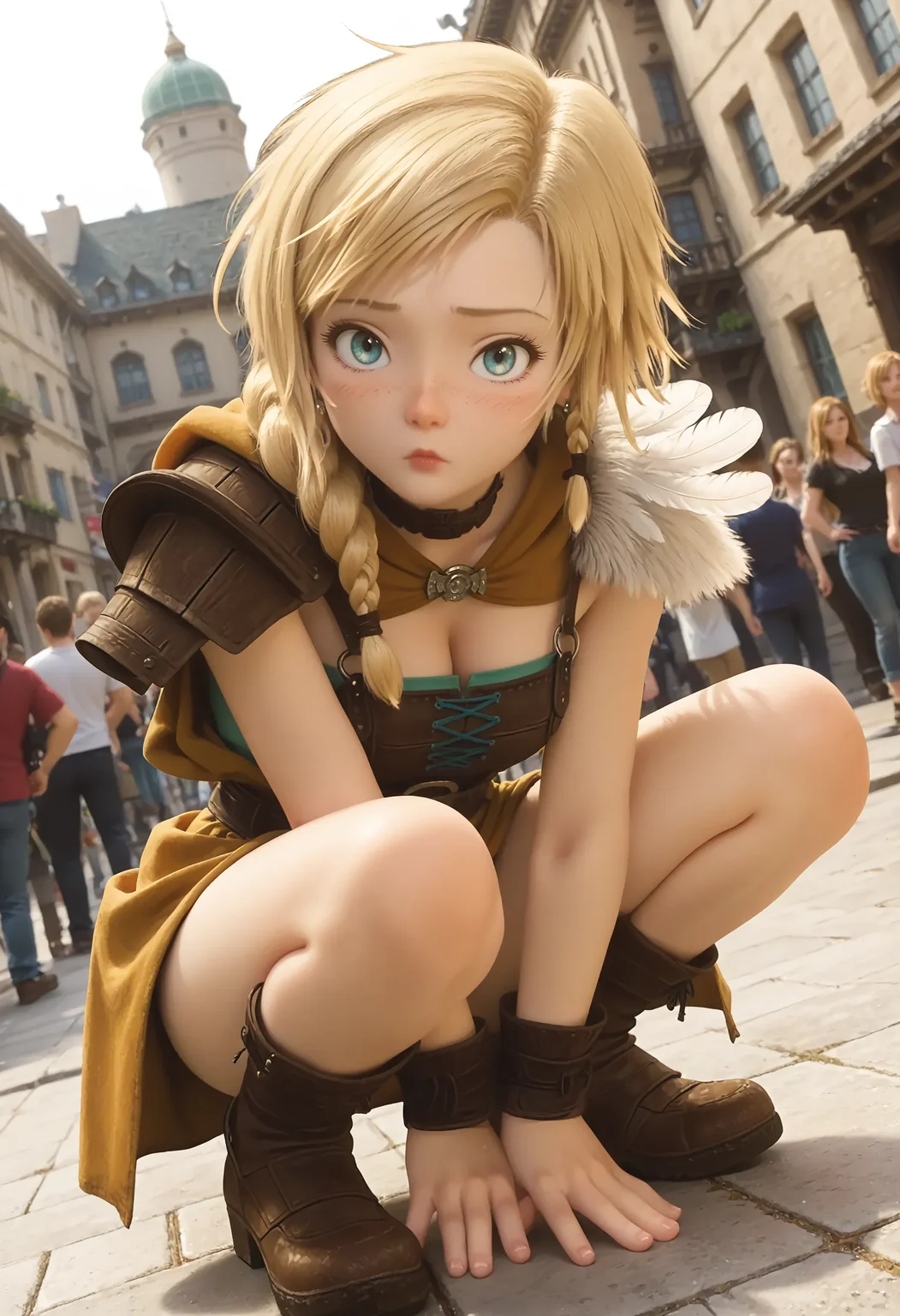 <lora:Hyper-SDXL-8steps-lora:1> <lora:Fixhands_anime_bdsqlsz_V1:1> zPDXL2, score_9, score_8_up, score_7_up, masterpiece, best quality, absurdres, high resolution, 8k, official art, official style, source_anime, uncensored, anime screencap, anime coloring, megami magazine, (ai-generated:0.6), 
1girl, DQYS-bianca, blonde hair, short hair, braid, blue eyes, earrings, brown choker, armored dress, dress, skirt, armlet, boots, 
squatting, arms between legs, dutch angle, hands, hanging hair, head tilt, looking at viewer, Bored, A slack jaw, drooping eyelids, and a slightly uninterested gaze., outdoors, city, audience, crowd, solo, solo focus, 
<lora:DQYS-bianca_XL(pony)v10:1>