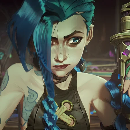 arcane, jinx, blue eyes, braid, blue hair, very long hair, bangs, lipstick, eye shadow, freckles, upper body, crop top, jinx (league of legends), shoulder tattoo, holding a gun, <lora:jinx:1>