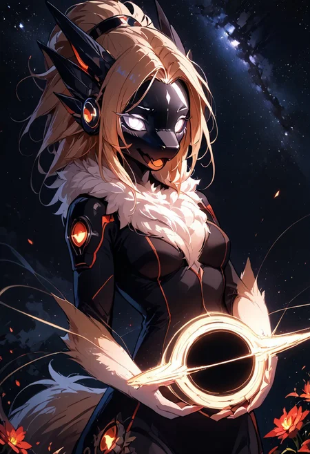 Expressiveh, masterpiece, raw quality, best quality, extremely detailed, stunning beautiful, high definition, HD, score_9, score_8_up, score_7_up, (female anthro dragon furred), fur, fur tail, black protogen mask, long ears, fluffed hair, thigh high, stockings, medium breast, folded wings, open mouth, (black fur, neck tuft, chest tuft, white eyes), sexy figure, outdoors, milky way, field, night, vivid colors, DNDFG, Detailed drawing, mythp0rt, Anime_Ecchi Style, Atmosphere: Moist, (intricate details), Illustration, beautiful detailed, (high resolution illustration), holding black hole, black hole in hand, black hole,
