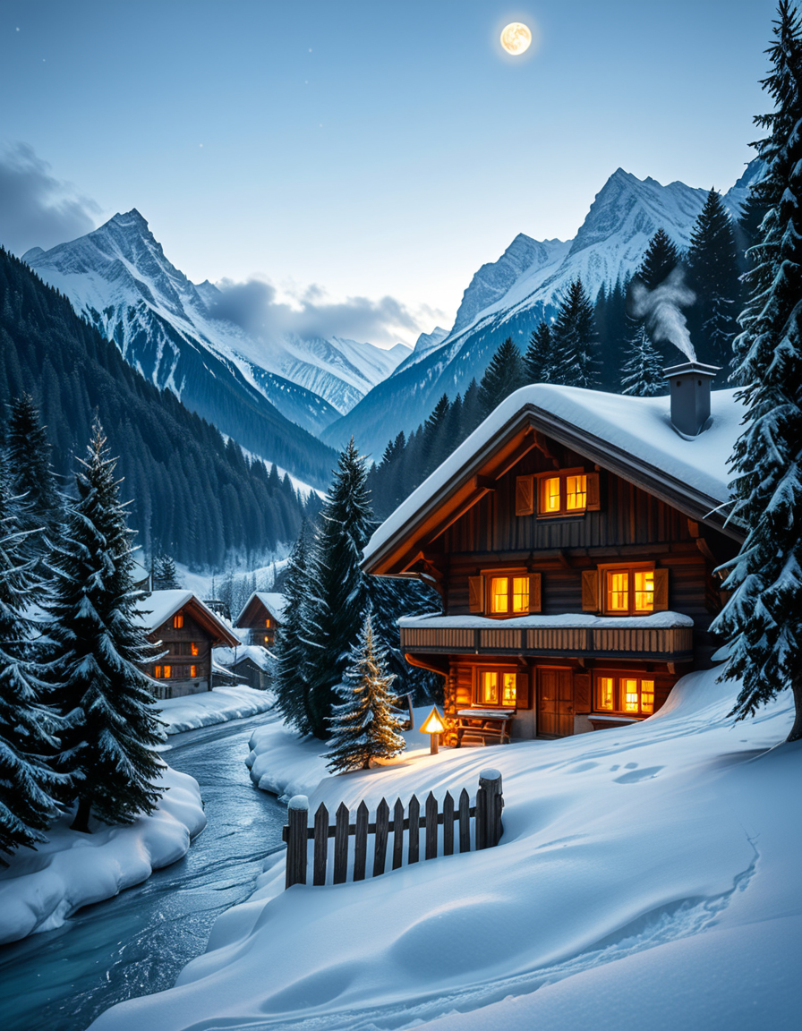 A stunning winter scene in the Tyrol region of Austria. A charming wooden chalet with traditional alpine architecture stands on a gentle snow-covered slope, surrounded by dense evergreen forests blanketed in fresh snow. The chaletâs warm interior lights glow softly through its large windows, creating a cozy contrast against the cool twilight hues of the sky. A plume of smoke drifts from the chimney, hinting at a roaring fireplace inside. In the foreground, a small wooden fence is partially buried under the snow, while a frozen river winds through the valley, reflecting the moonlight. Towering, snow-capped peaks of the Austrian Alps dominate the background, adding a breathtaking sense of grandeur. Snowflakes gently fall, adding movement and depth to the peaceful, picturesque scene. The image is hyper-realistic, capturing the intricate textures of the wood, snow, and ice, with cinematic lighting that highlights the magical winter ambiance.
<lora:SDXLFaeTastic2400:0.4> <lora:extremely_detailed:0.4> extremely detailed,<lora:winter_scene_in_the_Tyr0l:1>,winter scene in the Tyr0l, Masterpiece,best quality,hi res,8k,hi res,8k,award winning,(sharp focus, intricate, highly detailed),
