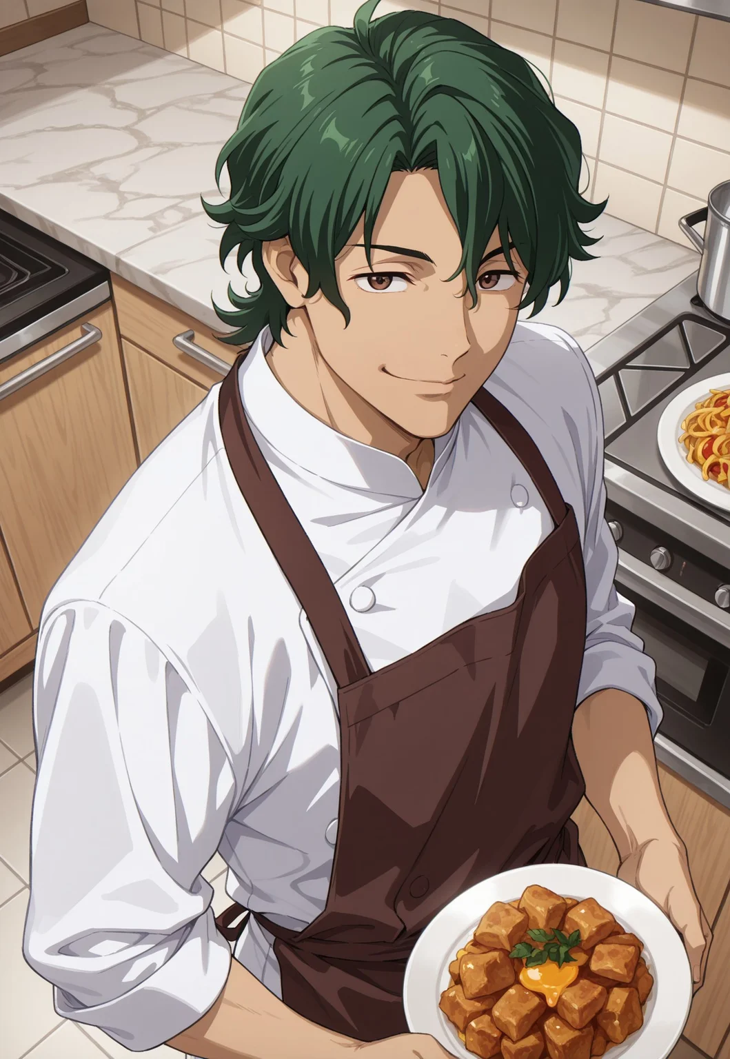 masterpiece,best quality,amazing quality, detailed details, shaded, detailed shading, detailed skin, shaded skin, realistic shading, countershading:1.1, indoors, kitchen interior, chef, above view, white shirt, apron, plates of food, looking at viewer, side view, 1boy, solo, Kojiro Nanjo, green hair, brown eyes, smirk