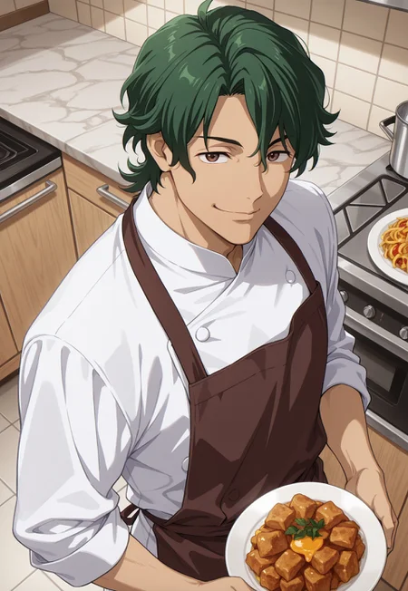 masterpiece,best quality,amazing quality, detailed details, shaded, detailed shading, detailed skin, shaded skin, realistic shading, countershading:1.1, indoors, kitchen interior, chef, above view, white shirt, apron, plates of food, looking at viewer, side view, 1boy, solo, Kojiro Nanjo, green hair, brown eyes, smirk