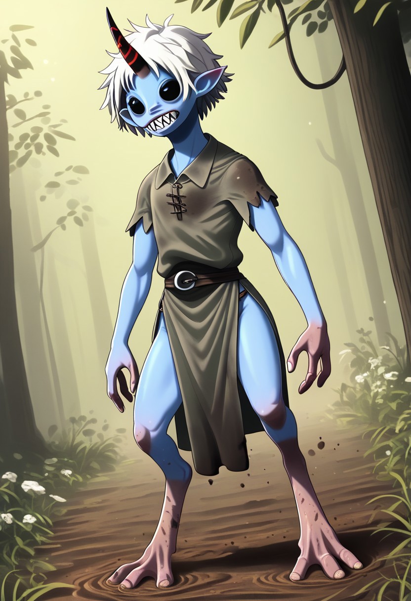 ((Alien humanoid)), solo, androgynous, aquatic features 
blue skin, ((webbed skin between fingers)),
((nostrils only, nostril slits, vertical nasal slits, narrow nostrils)):1.6, ((narrow eyes)), ((black sclera, black irises)), smooth skin,  pointy ears, small ears, tiny ears, holes in skin, forehead horn, short horn, veiny horn, ((single horn)):1.0, ((4 fingers)), fingernails, thin lips, ((white hair)), ((short hair, spiky hair)), sharp teeth, ((digitigrade legs)), bent legs,
full body shot
ragged clothes, muddy clothes, loincloth, tunic, dirty
Medieval style, fantasy style,
style: r1n,
((Variety)):1.2
((dutch angle))
river background
fully clothed, loose clothing, clean lines, smooth colors, detailed fingers, sfw, source: semi-realistic, rating: pg, score: 8 up, score: 9