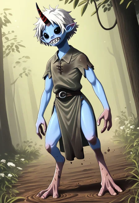 ((Alien humanoid)), solo, androgynous, aquatic features
blue skin, ((webbed skin between fingers)),
((nostrils only, nostril slits, vertical nasal slits, narrow nostrils)):1.6, ((narrow eyes)), ((black sclera, black irises)), smooth skin, pointy ears, small ears, tiny ears, holes in skin, forehead horn, short horn, veiny horn, ((single horn)):1.0, ((4 fingers)), fingernails, thin lips, ((white hair)), ((short hair, spiky hair)), sharp teeth, ((digitigrade legs)), bent legs,
full body shot
ragged clothes, muddy clothes, loincloth, tunic, dirty
Medieval style, fantasy style,
style: r1n,
((Variety)):1.2
((dutch angle))
river background
fully clothed, loose clothing, clean lines, smooth colors, detailed fingers, sfw, source: semi-realistic, rating: pg, score: 8 up, score: 9