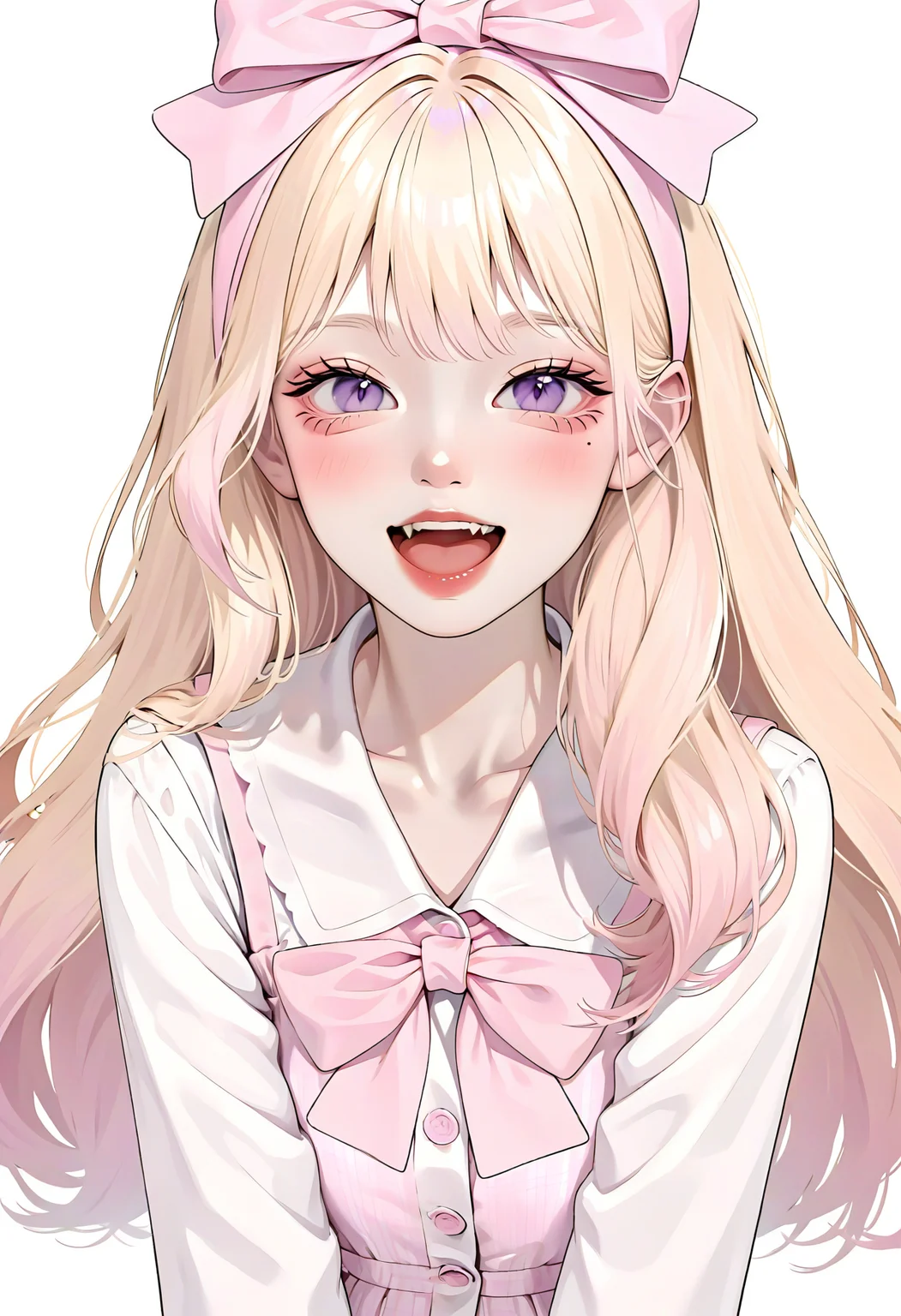 <lora:KoreanStyleSDXLvpred10:1>, AiKoreanStyle, 1girl, pink bow, long hair, white background, blonde hair, open mouth, smile, pink hairband, white shirt, mole under eye, simple background, pink bowtie, collared shirt, looking at viewer, red lips, upper teeth only, pinafore dress, upper body, pink dress, purple eyes, hair bow, collarbone, long sleeves, blush, :d, buttons, eyelashes, hair behind ear, fangs, pink vest, masterpiece, best quality, year 2024, newest, highres, absurdres, very awa,
