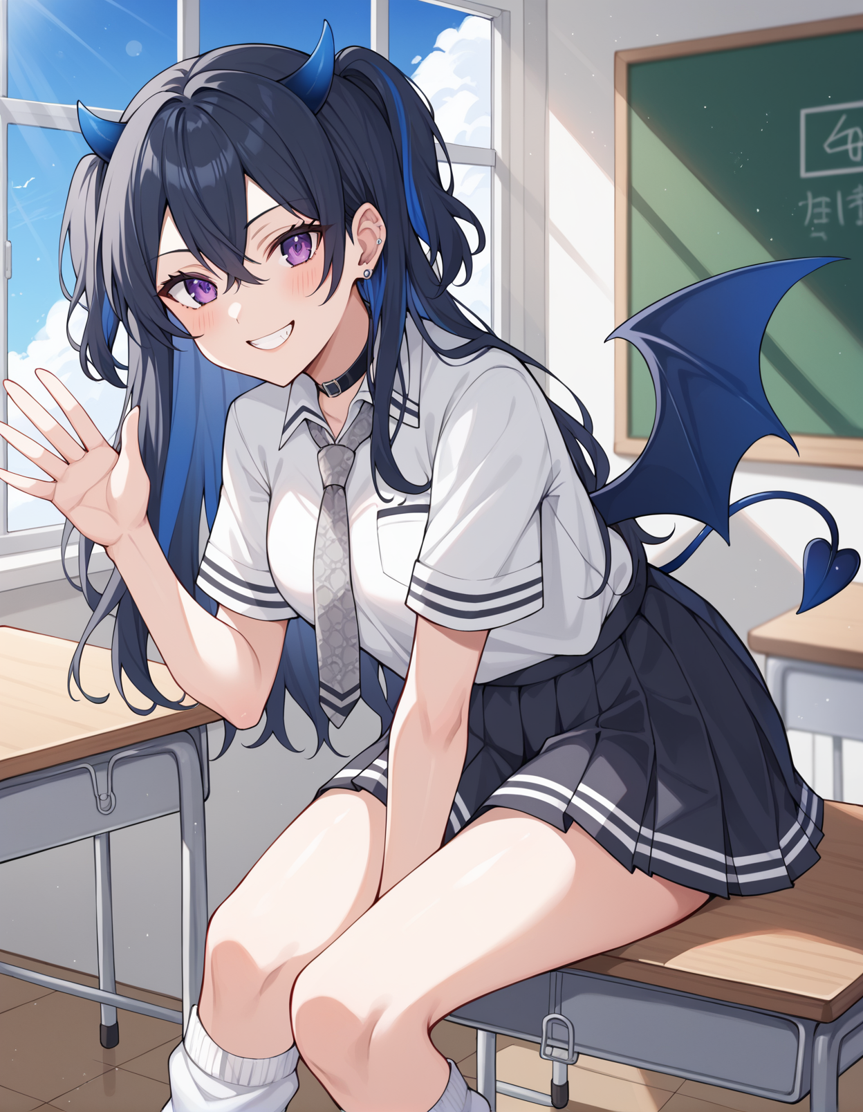 score_9, score_8_up, score_7_up, source_anime, rating_safe, BREAK <lora:uruhaIchinose_XL-Pony_LoRA-C3Lier_16-16-8-8_AdamW_Un3e-4_Te1.5e-4_10batch:1>, ichinose uruha, 1girl, virtual youtuber, black hair, blue hair, multicolored hair, hair between eyes, long hair, two side up, purple eyes, demon horns, demon wings, demon tail, ear piercing, earrings, black choker, collared shirt, white shirt, grey necktie, unmoving pattern, black skirt, pleated skirt, loose socks, white socks, waving, sitting, looking at viewer, facing viewer, grin, blush, leaning forward, school desk, classroom, light particles,light rays,window, blue sky, cloud,