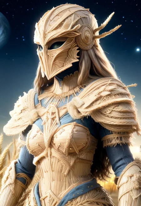 Hyperrealism, fully dressed, goddess, doing shores, night, strawmorph, galactic, (extremely detailed overall:1.5), closer, upper body, portrait, (GIGA ARMOR:1.5), straw armor, farm background, full face helmet, supreme armor,