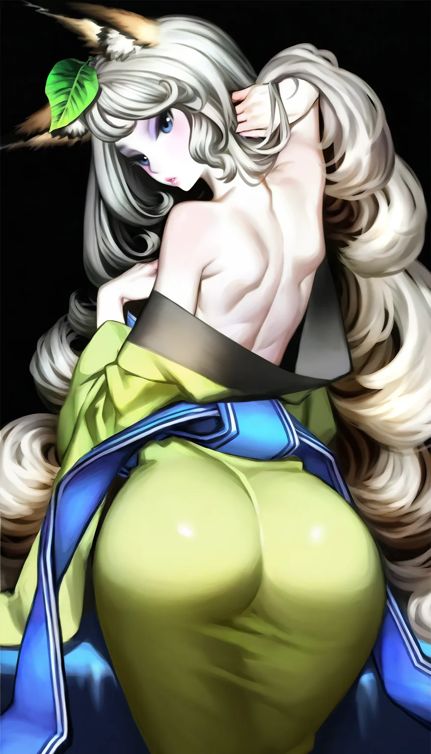masterpiece,best quality,amazing quality,<lora:yuzuruhaIL:1>,
yuzuruha,
1girl,solo,pale skin,white hair,long hair,wavy hair,bangs,fox ears,a green leaf on head,blue eyes,looking at viewer,parted lips,topless,green kimono,blue obi belt,cowboy shot,back view,sitting,left holding breast,right hand adjusting hair,black background,