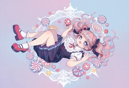 score_9, score_8_up, score_7_up,
masterpiece, best quality, detailed, amazing quality,
detailed background,
detailed eyes, clean eyes,
dynamic pose, full body, happy,
solo, 1woman, woman,
easynegative, pastel colours, cute, candies, sweets, bow, ribbon, lolita_fashion,
best_falling