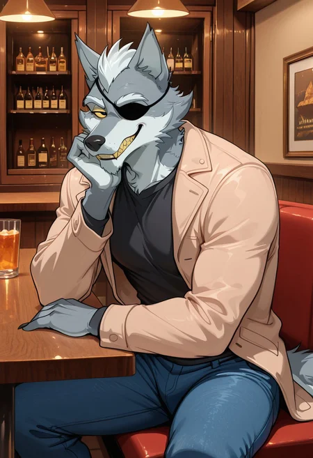 masterpiece, best quality, amazing quality, very aesthetic, absurdres, newest,  high quality, detailed, male, solo male, WolfgangSeamus, broad shoulders, mature male, black eyes, yellow sclera, athletic build, animal ears, wolf, scruffy, anthro male, gray fur, eyepatch on left eye, black shirt, tan jacket, blue jeans, indoors, bar (place), grinning, smug, sitting at booth, evening lighting, restaurant booth, looking at viewer, half lidded eyes