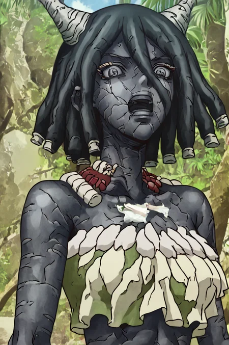 score_9, score_8_up, score_7_up, illustration, source_manga, rating_safe, r3tr0XLP ,<lora:r3tr0XLP:0.7> 1girl, solo, slimes_kirisame, hair between eyes, black hair, dreadlocks, smooth horns, grey eyes , panic expression, mouth open, shout,  upper body,  <lora:SlimesKirisame:1.0>, break, in a tropical village, break,  st0n3w0rld, turned to stone, statue, cracks, decayed <lora:Petrification_-_Stone_World_-_Dr_Stone:1>