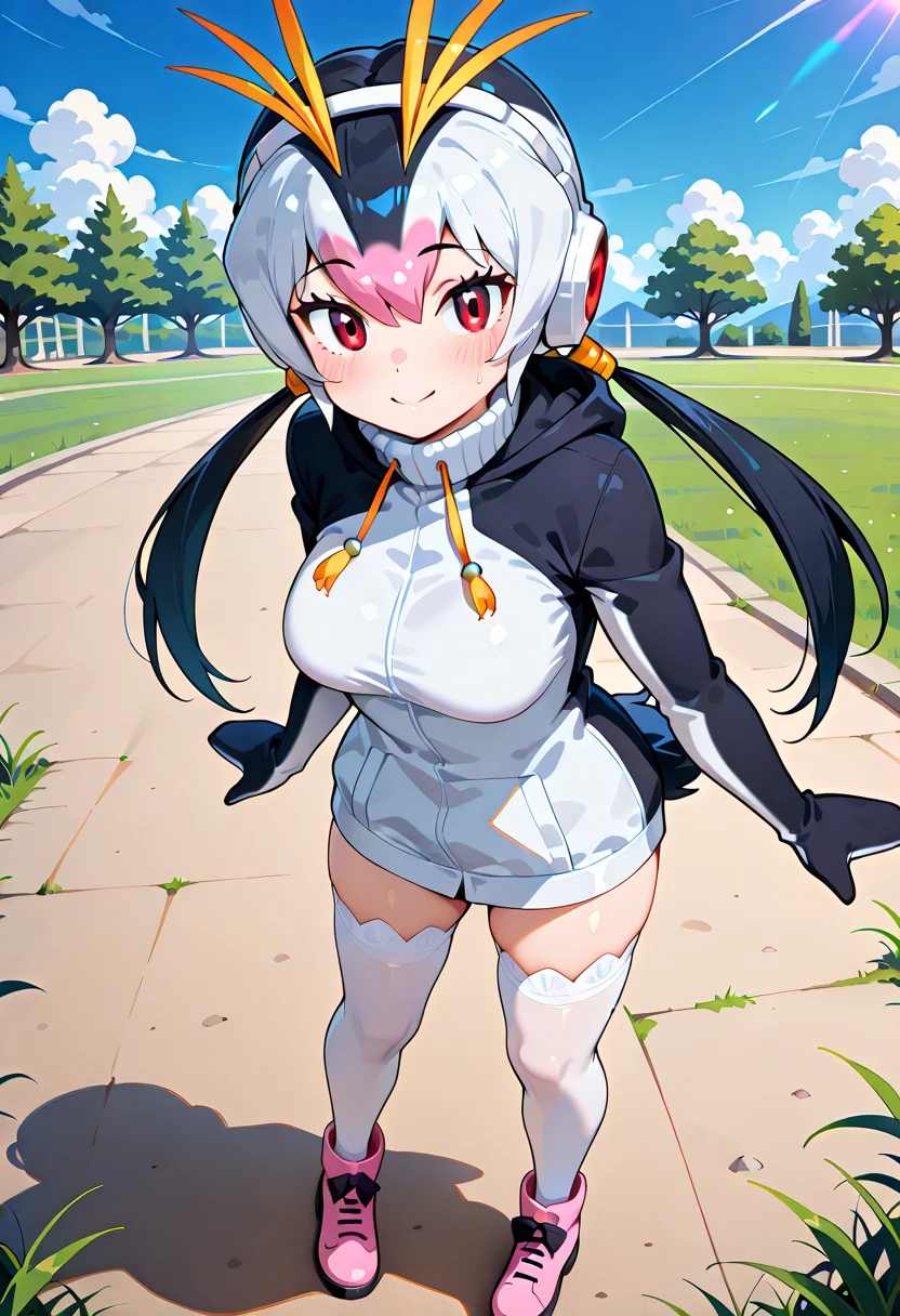 1girl, <lora:royal_penguin_kf_ilxl_v1:1>, royal penguin \(kemono friends\), penguin girl, penguin tail, tail, multicolored hair, two-tone hair, white hair, black hair, blonde hair, pink hair, hair. streaked hair, headphones, hair tube, hair ornament, black eyes, red eyes, medium breasts, rpkf1st, turtleneck, hoodie, two-tone hoodie, animal hood, penguin hood, drawstring, hooded jacket, black jacket, white jacket, white thighhighs, thighhighs, zettai ryouiki, shoes, pink footwear, full body, standing, blush, smile, looking at viewer, park, on grass, blue sky, cloud, masterpiece, best quality, very aesthetic, absurdres