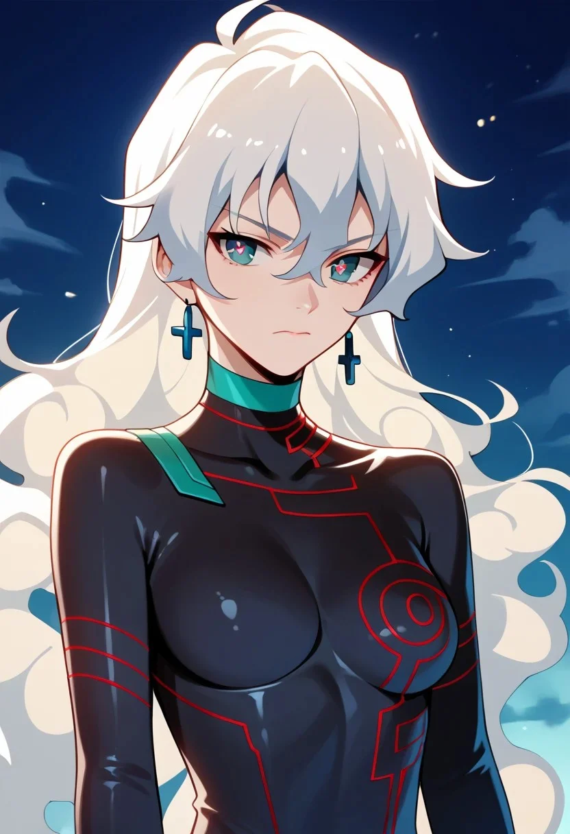 score_9,score_8_up,score_7_up,source_anime, Nia Teppelin (Antispiral),1girl,solo,looking at viewer,closed mouth,upper body,white hair,symbol-shaped pupils,bodysuit,dark,cross-shaped pupils,