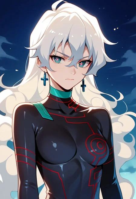 score_9,score_8_up,score_7_up,source_anime, Nia Teppelin (Antispiral),1girl,solo,looking at viewer,closed mouth,upper body,white hair,symbol-shaped pupils,bodysuit,dark,cross-shaped pupils,