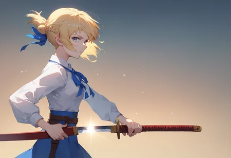 score_9, score_8_up, score_7_up, 1girl, holding sword unsheathing, looking at viewer, from side, saber, blonde hair, french braid, white shirt, blue skirt, blue ribbon
<lora:unsheathing_2_final:1>