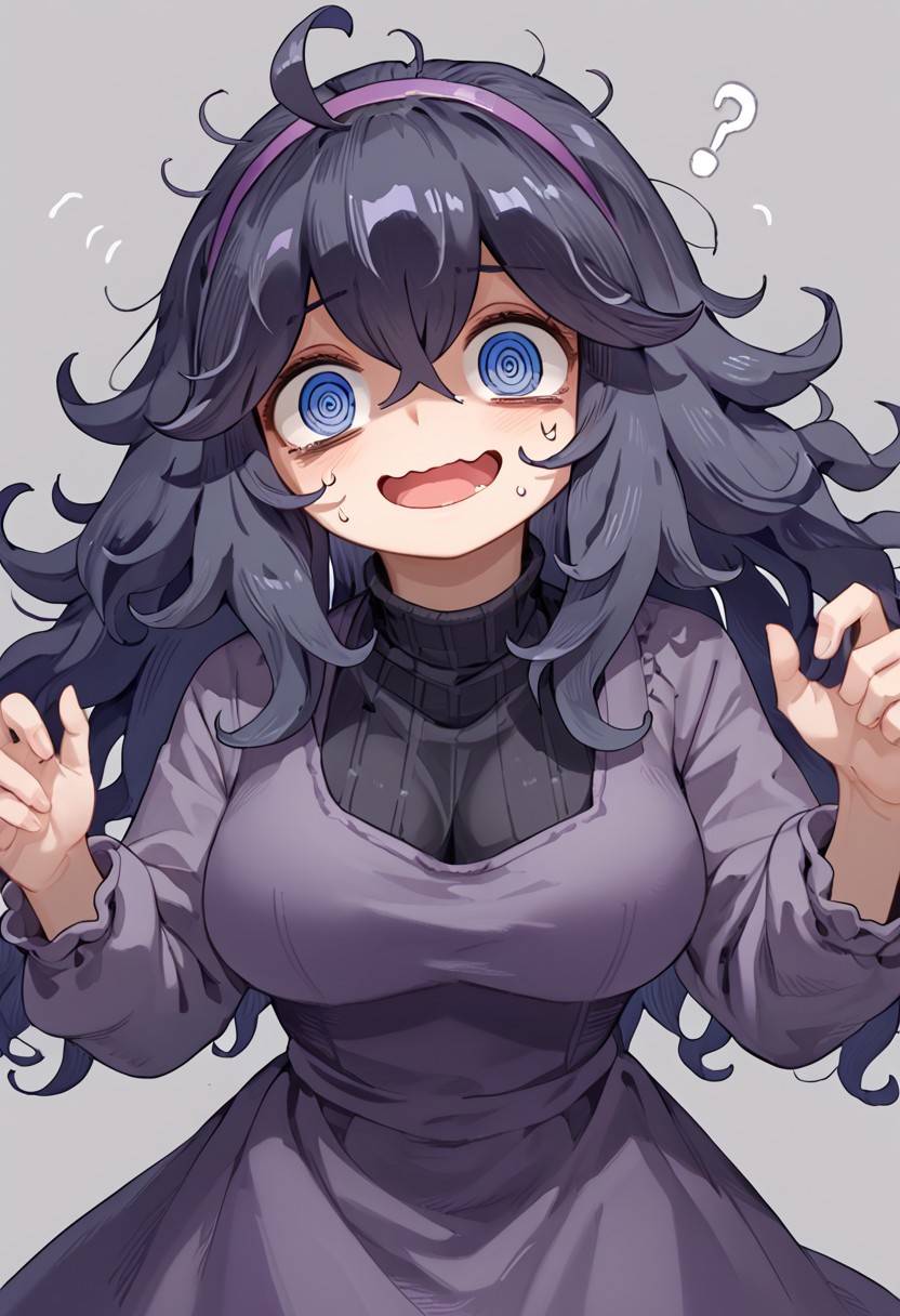 score_9, score_8, score_7, solo, 1girl,
hex maniac, purple dress, long black hair, wavy hair, messy hair, @_@