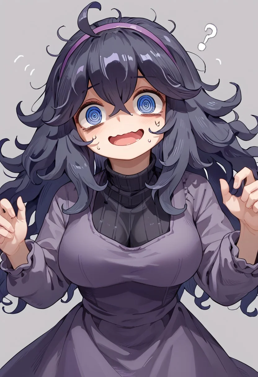 score_9, score_8, score_7, solo, 1girl,
hex maniac, purple dress, long black hair, wavy hair, messy hair, @_@