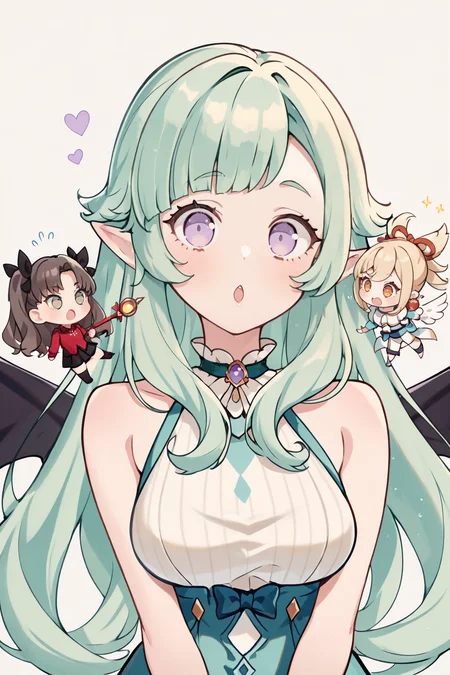 masterpiece, best quality,  3girls, 
1girl, pale green hair, light purple eyes, wavy curls, straight bangs, shoulder length hair, cirle curls, asymmetrical bangs, breasts, open mouth, medium breasts, pointy ears, elf, 
1girl, chibi, demon wings, over left the shoulder, tohsaka rin /(fate)/, 
1girl, chibi, angel wings, over right the shoulder, yoimiya naganohara /(genshin impact)/, blonde hair, orange eyes,
 <lora:ekuuekuraXLlokr4fill:0.8>