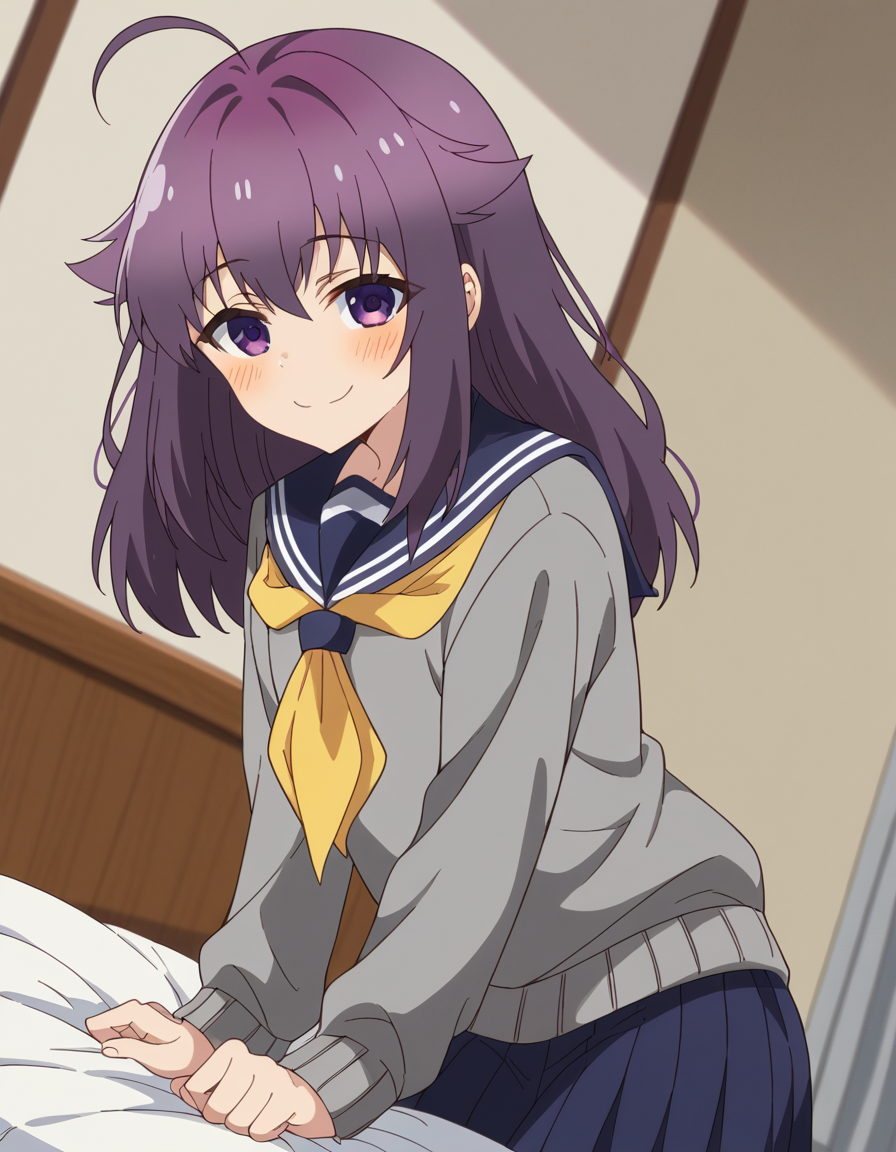score_9, score_8_up, score_7_up, source_anime, <lora:anko-koshi-s1-ponyxl-lora-nochekaiser:1>, anko koshi, long hair, bangs, purple eyes, purple hair, ahoge, hair flaps,, skirt, long sleeves, school uniform, pleated skirt, serafuku, sailor collar, sweater, blue skirt, neckerchief, yellow neckerchief, grey sweater, indoors, bed, bed room, on side, blush, drunk,, smile, looking at viewer, smile, from side, solo,, cowboy shot, dutch angle