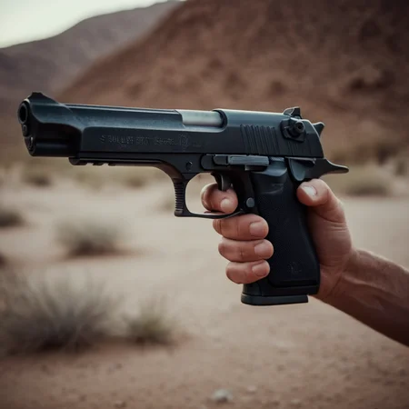 cinematic film still of <lora:Hand pony style v1:0.8>
a man pointing a desert eagle gun in his hand, shallow depth of field, vignette, highly detailed, high budget, bokeh, cinemascope, moody, epic, gorgeous, film grain, grainy