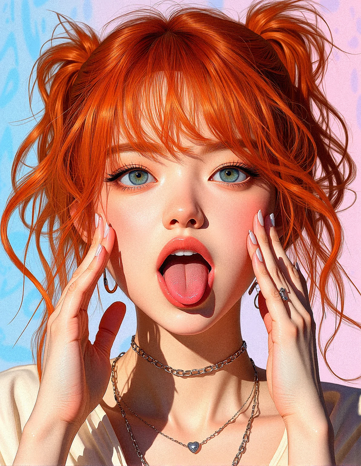 An upper body image of a beautiful young lady with curly orange hair, hair over one eye, aqua eyes, and bold eyeliner. She has thick eyebrows and long eyelashes, long fingernails, and her lips are shiny and full. She wears an amulet heart, rimless eyewear, and a helix piercing. The extreme realism focuses on her detailed skin, showing fine textures and natural highlights.
The background is Swirling patterns of pastel colors creating a fluid marble effect.
Her outfit are Oversized button-up shirt dress
Subtle skin pores and natural texture on the face and neck, Realistic light reflections on the surface of the eyes, Slightly raised veins visible under the skin on the neck, Subtle veins visible on the eyelids under certain lighting, Realistic reflection of light on the glossy lips, following their curvature, Soft reflections on the necklace, enhancing its metallic look
Sticking her tongue out with both hands pulling at her cheeks, cheeful expression, doing silly face