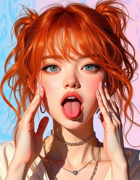 An upper body image of a beautiful young lady with curly orange hair, hair over one eye,  aqua eyes, and bold eyeliner. She has thick eyebrows and long eyelashes, long fingernails,  and her lips are shiny and full. She wears an amulet heart, rimless eyewear,  and a helix piercing. The extreme realism focuses on her detailed skin, showing fine textures and natural highlights.

The background is Swirling patterns of pastel colors creating a fluid marble effect.



Her outfit are Oversized button-up shirt dress

Subtle skin pores and natural texture on the face and neck, Realistic light reflections on the surface of the eyes, Slightly raised veins visible under the skin on the neck, Subtle veins visible on the eyelids under certain lighting, Realistic reflection of light on the glossy lips, following their curvature, Soft reflections on the necklace, enhancing its metallic look

Sticking her tongue out with both hands pulling at her cheeks, cheeful expression, doing silly face












 









































