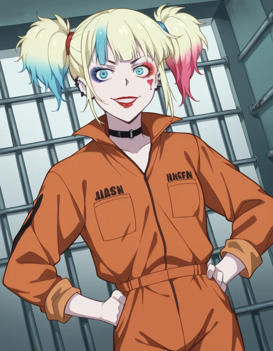 score_9, score_8_up, score_7_up, source_anime,
harleyquinn, <lora:harley-quinn-s1-ponyxl-lora-nochekaiser:1>
harley quinn, bangs, blue eyes, blonde hair, twintails, blue hair, multicolored hair, choker, gradient hair, makeup, piercing, pink hair, lips, lipstick, red lips,
long sleeves, pocket, jumpsuit, orange jumpsuit,
prison, prison cell, smile, hands on hips,
looking at viewer, cowboy shot, dutch angle, solo,