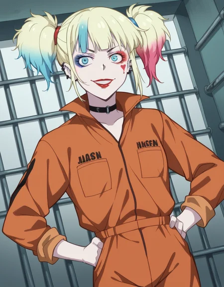 score_9, score_8_up, score_7_up, source_anime,
harleyquinn, <lora:harley-quinn-s1-ponyxl-lora-nochekaiser:1>
harley quinn, bangs, blue eyes, blonde hair, twintails, blue hair, multicolored hair, choker, gradient hair, makeup, piercing, pink hair, lips, lipstick, red lips,
long sleeves, pocket, jumpsuit, orange jumpsuit,
prison, prison cell, smile, hands on hips,
looking at viewer, cowboy shot, dutch angle, solo,