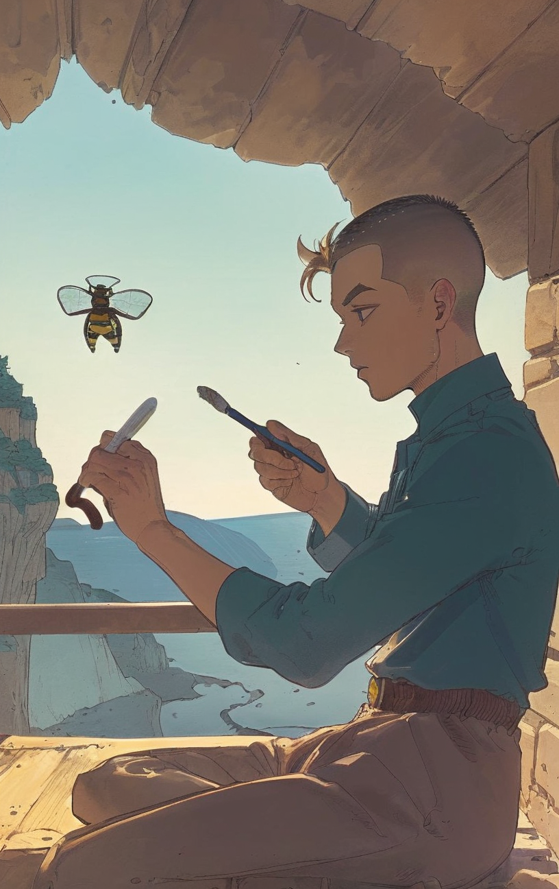 artwork <lora:Moebius:1>, outdoor at midday, 1man 35yo (LukÃ¡Å¡ DvoÅÃ¡k:1.3), Buzz Cut hair do a brush, cliffs, dormer window