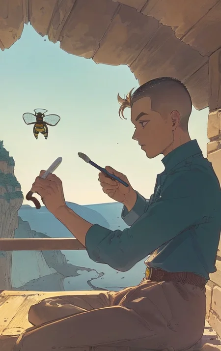 artwork <lora:Moebius:1>, outdoor at midday, 1man 35yo (Lukáš DvoÅák:1.3), Buzz Cut hair do a brush, cliffs, dormer window